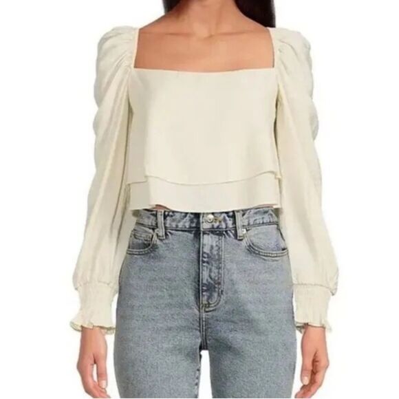 GIANNI BINI Ivory Puffed Sleeve Cropped Peasant Blouse Top Square Neck Medium - Picture 1 of 8